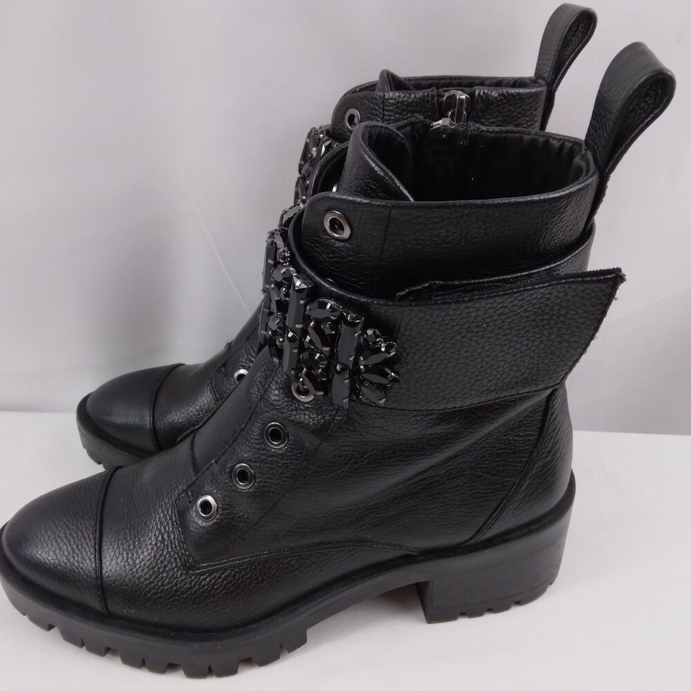 Karl Lagerfeld PIPPA Black Pebbled Leather Rhinestone Combat Boots Size 6M - Picture 8 of 16
